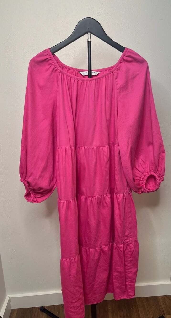 Trina Turk Hot Pink Puff Sleeve Tiered Maxi Dress Size M